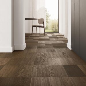 Parchet dublu stratificat, Stejar afumat, Lemn inchis, BAUWERK HERRINGBONE, Formpark Mini, Periat, uleiat, 570 x 190 x 9,5 mm / 380 x 190 x 9,5 mm, incalzire in pardoseala