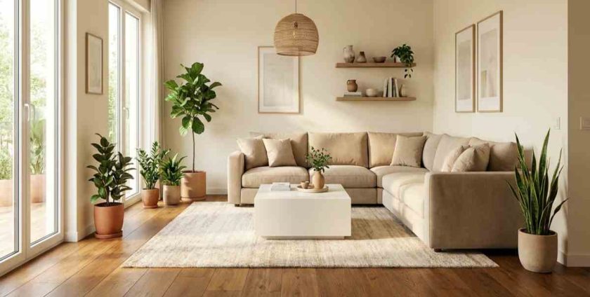 Cu ce asortam parchetul maro_Idei simple si combinatii inspirate pentru un interior elegant_Living modern cu parchet maro si mobila asortata in tonuri neutre si calde