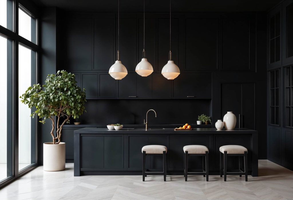 Am mobila neagra (bucatarie moderna, mobilier din lemn masiv negru, parchet herringbone deschis)
