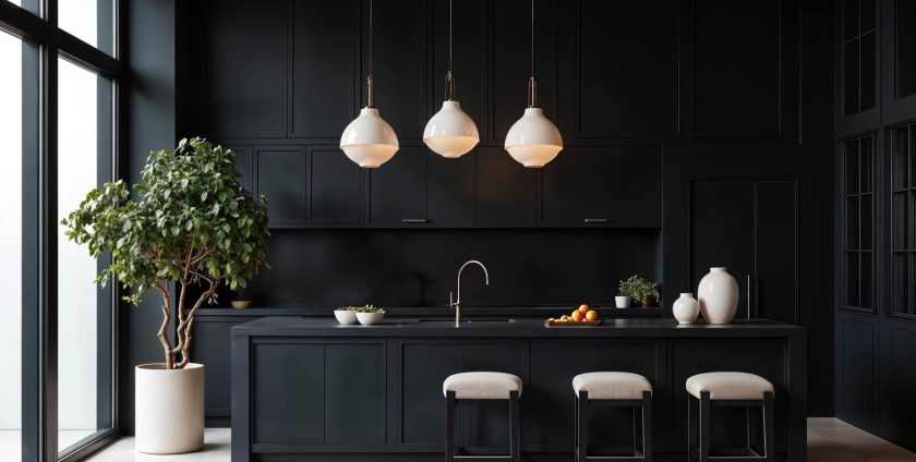 Am mobila neagra (bucatarie moderna, mobilier din lemn masiv negru, parchet herringbone deschis)
